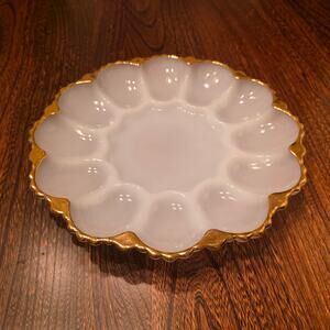 Deviled Egg Platter Mile Glass 22k Gold Scalloped Edges 10 in Anchor Hocking MCM